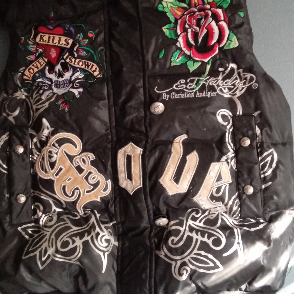 Ed Hardy Puffer Vest Black Rose Skull Tattoo Graphic Fur Hood Women Size